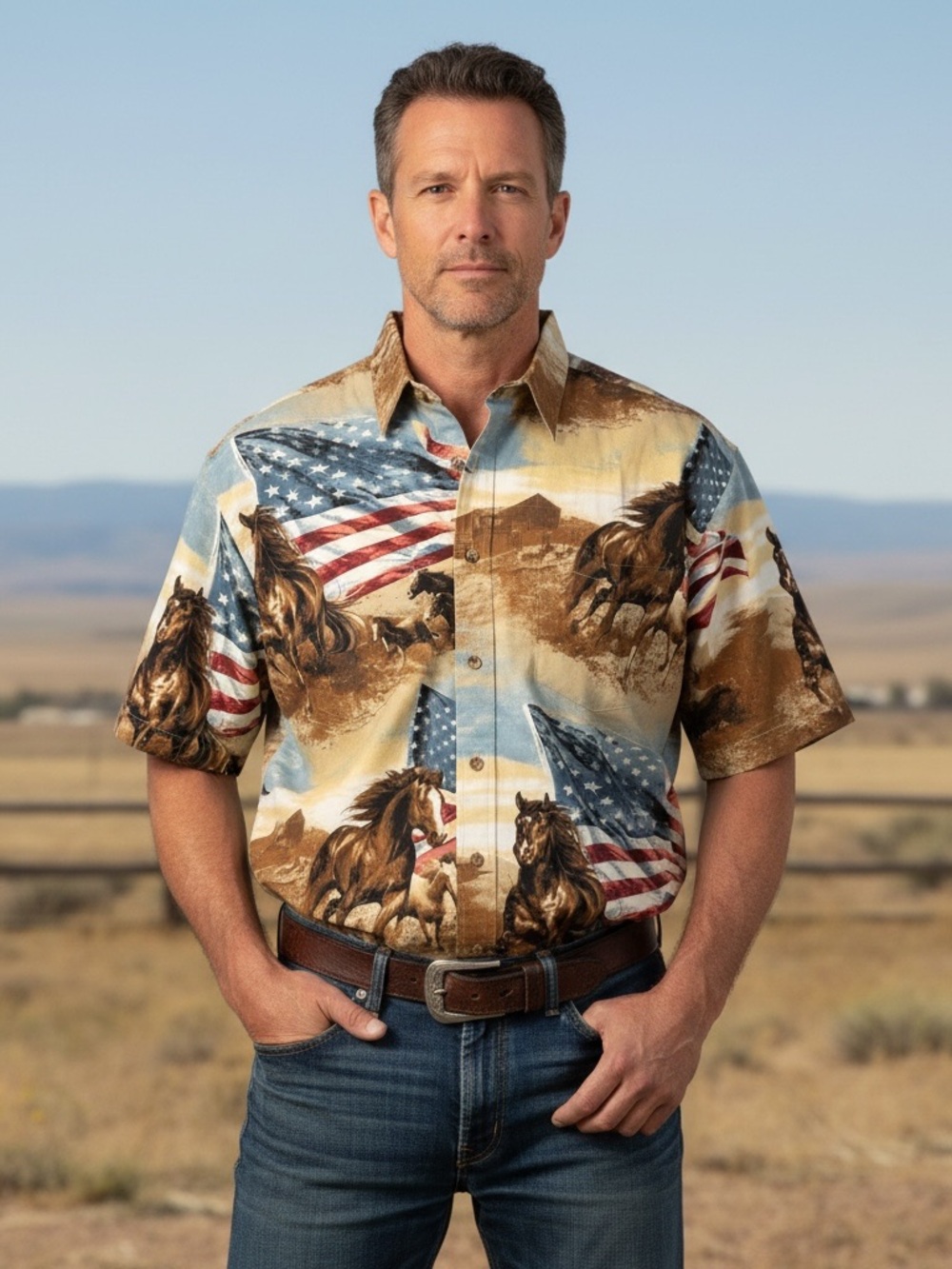 Bit & Bridle Patriotic Horse Print Button-Up Shirt - Brown/Blue